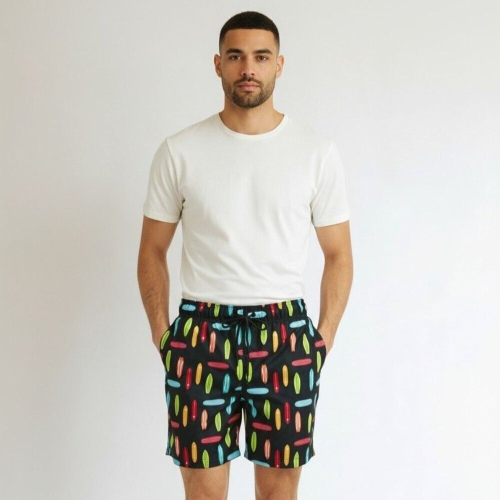 George Mens Swim Trunks Black Surfboard Print Large (36-38) Elastic Waist